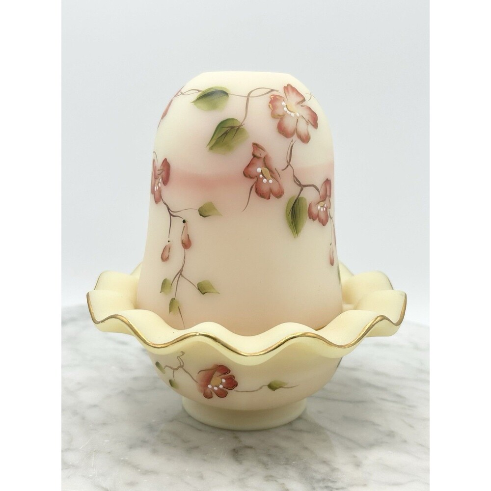 Fenton Uranium Burmese Signed Shelly Fenton Hand Painted Fairy Lamp